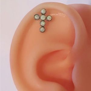 Earring Cross Mini Barbell Flat Back Opal Cross Titanium